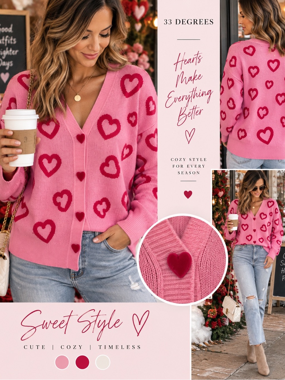 33 Degrees Pink Heart Cardigan Sweater Velvet Buttons Size M